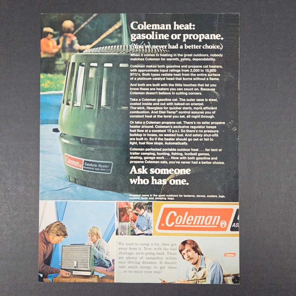 1974 Coleman‎ Gas Propane Camping Heaters Vintage Print Ad Outdoors Family Tent